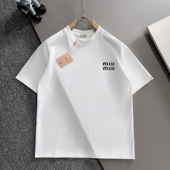 miu miu ホワイト Tシャツ White Embroidered Cotton Jersey T-shirt | Miu Miu